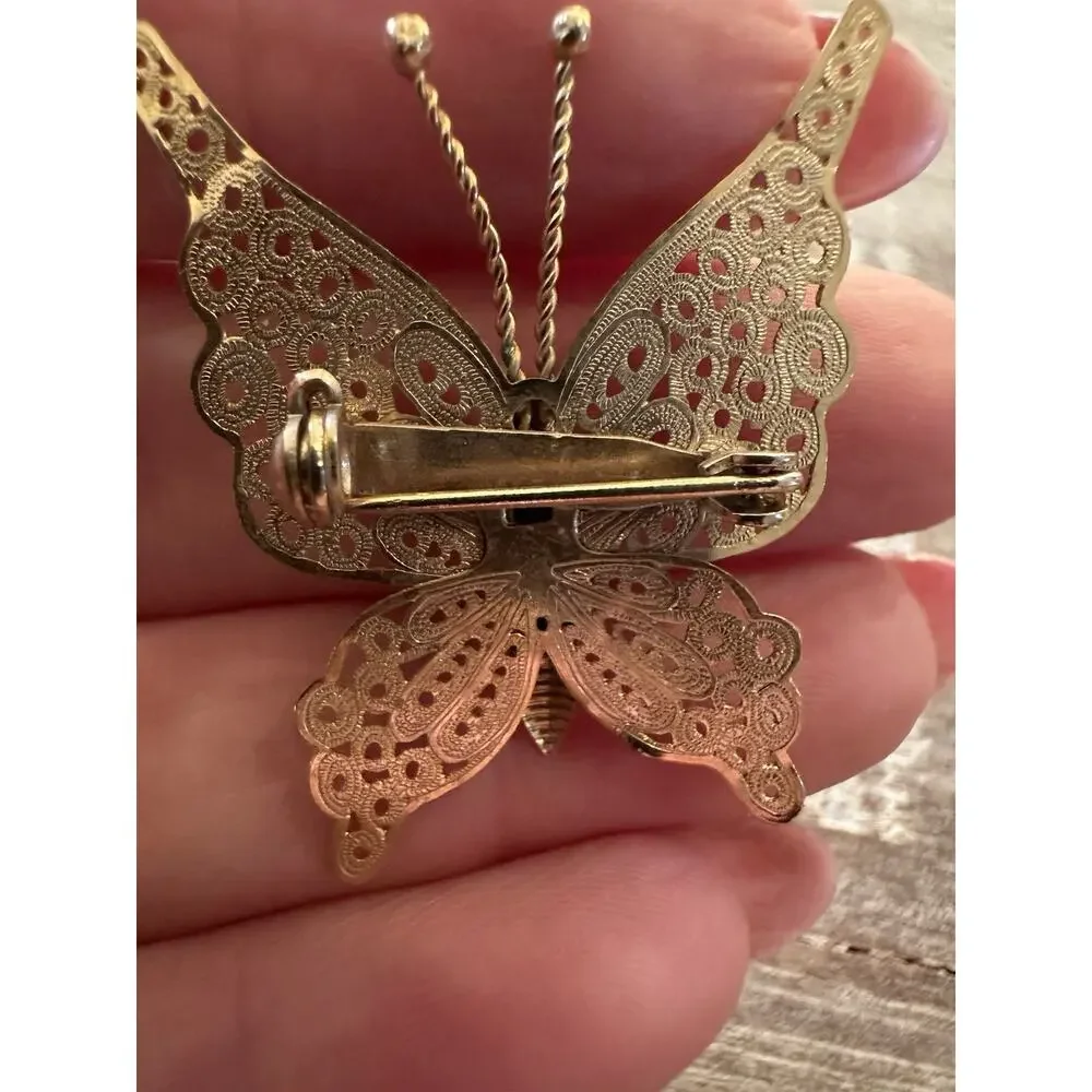 Vintage Metal Filigree Gold tone Butterfly Brooch Lapel Pin